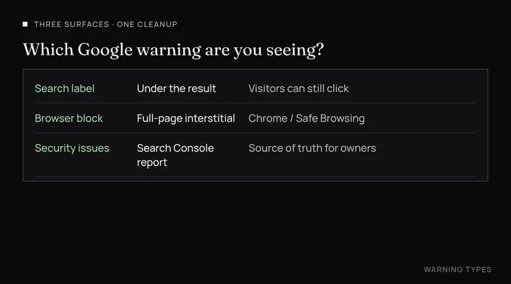 Table comparing three Google hacked-site warnings: the search-result label, the browser Deceptive site ahead block, and the Search Console Security issues report.